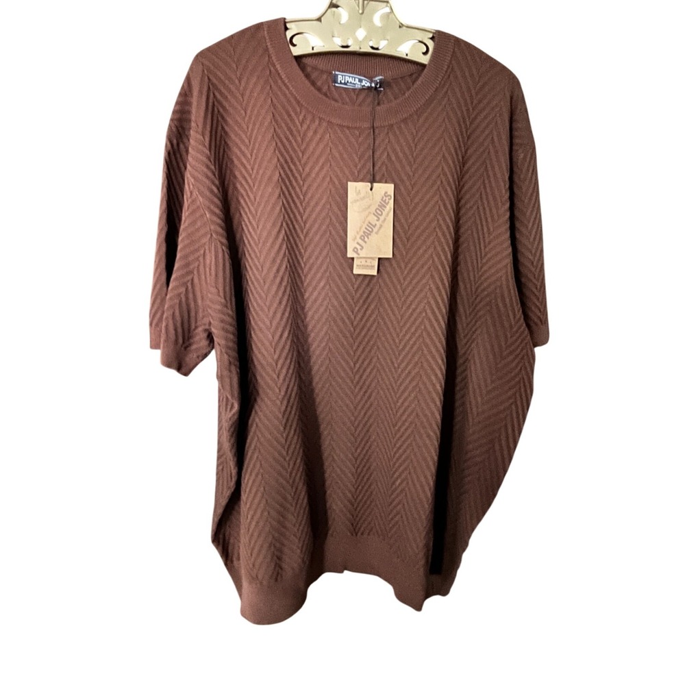 PJ PAUL JONES Mens 2XL Brown Herringbone Knit Crewneck Sweater Shirt Stretch NEW